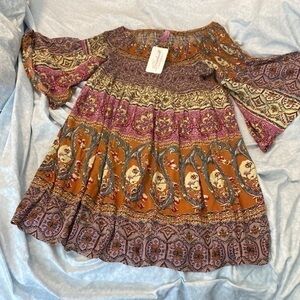 BOUTIQUE kolby bob smocked ginger pocket dress boho bell sleeved medium